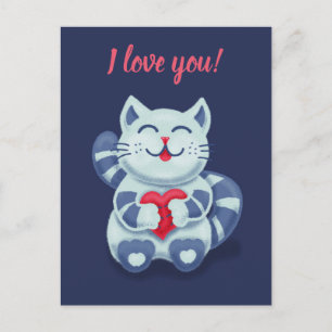 Kitty with Heart Niedlich Blue Cat I Liebe You Postkarte