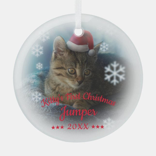 Kitty's erste Weihnachten | Name der Katze Snowfla Ornament Aus Glas (Vorderseite)