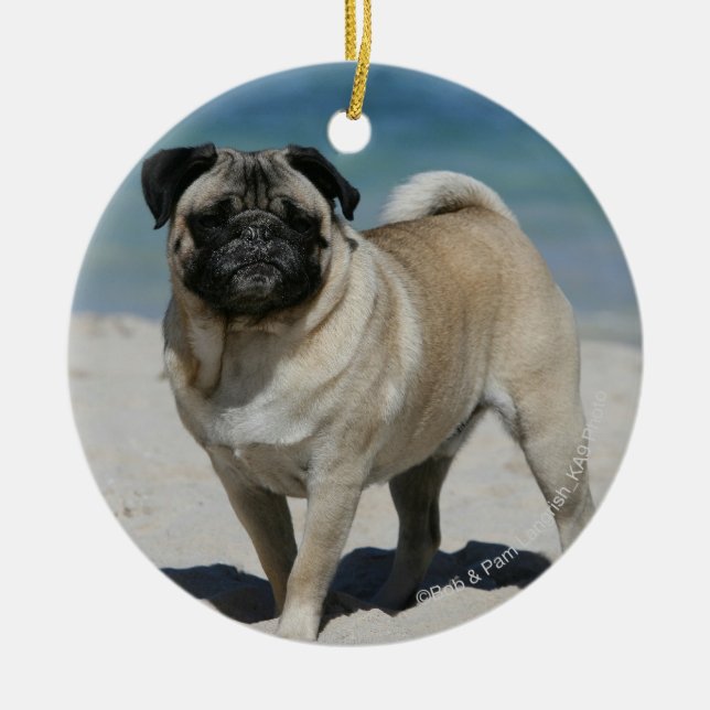 Kitz-Mops am Strand Keramik Ornament (Vorne)