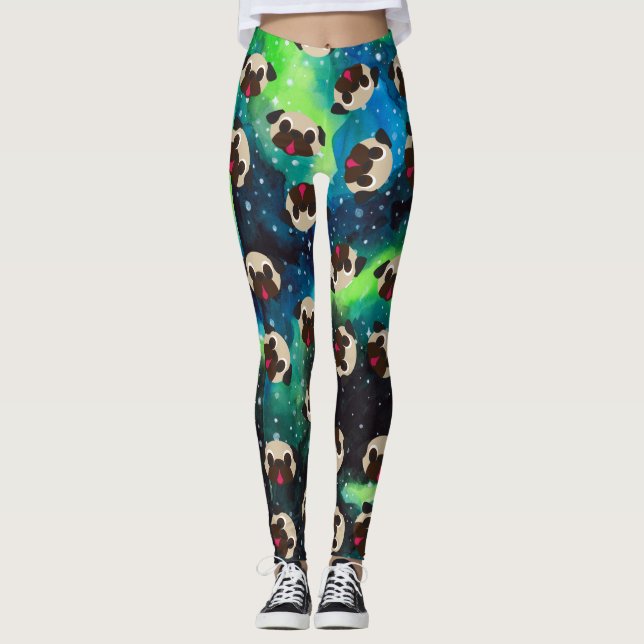 Kitz-Möpse auf blaues Grün-kosmischem Hintergrund Leggings (Vorderseite)