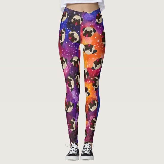 Kitz-Möpse auf kosmischem Raum-Hintergrund Leggings (Vorderseite)