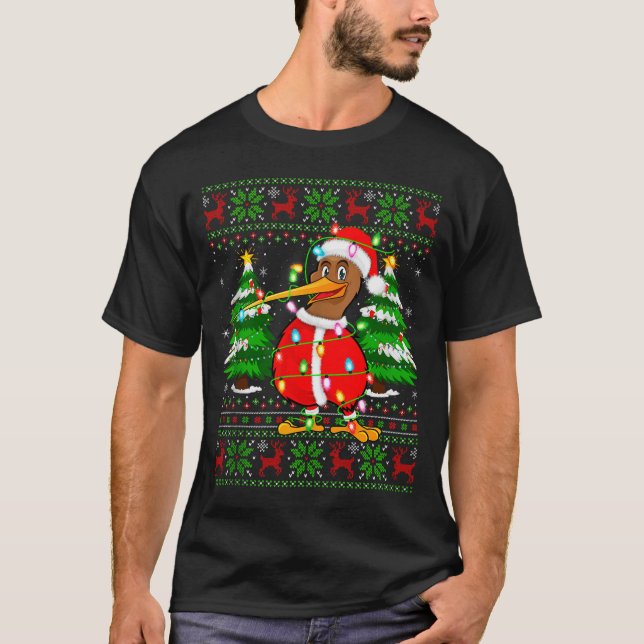 Kiwi Bird Christmas Lights Santa Costume Ugly Xmas T-Shirt (Vorderseite)