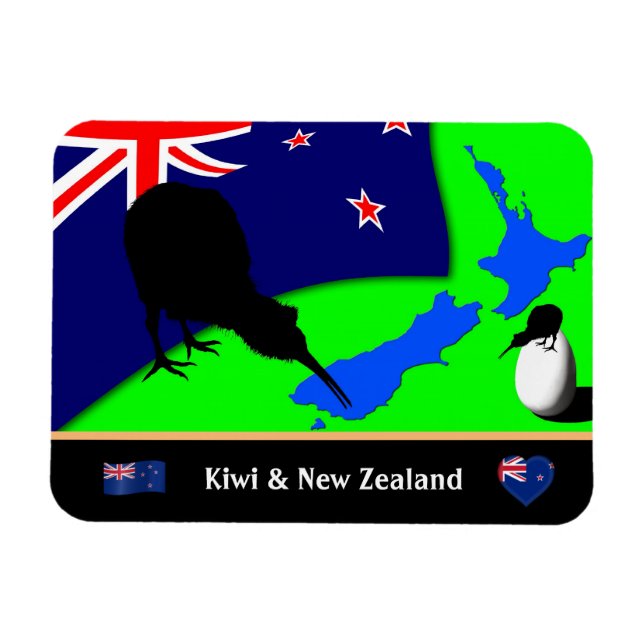 Kiwi Bird, Flag & Karte von Neuseeland /art Magnet (Horizontal)