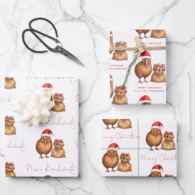 Kiwi Bird Meri Kirihimete Name Frohe Weihnachten Geschenkpapier Set (Vorderseite)