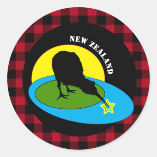 Kiwi Bird & Neuseeland, Red Buffalo Kariert Rustik Runder Aufkleber