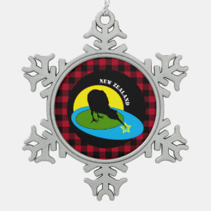 Kiwi Bird & Neuseeland, Red Buffalo Kariert Rustik Schneeflocken Zinn-Ornament