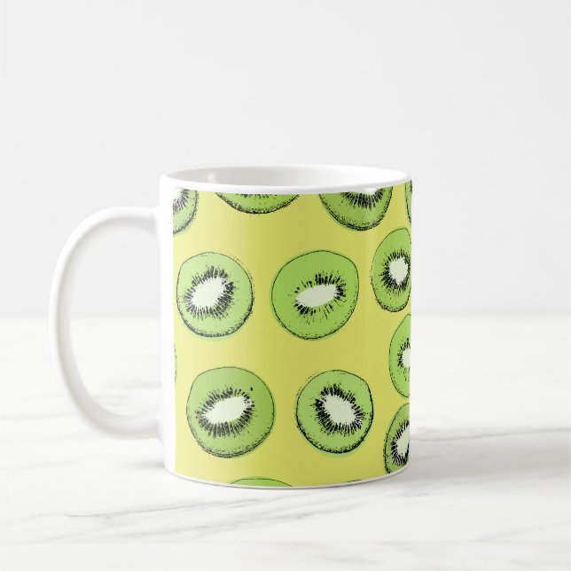 Kiwi-Frucht-nahtloses Muster, Hintergrund mit Kiwi Kaffeetasse (Links)
