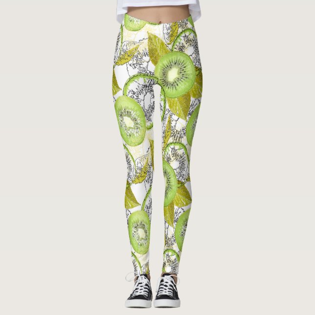 Kiwi, fruchtig, grün und weiß, frisch, saftig, wei leggings (Vorderseite)