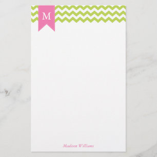 Kiwi Green Chevrons Muster und rosa Monogramm Briefpapier