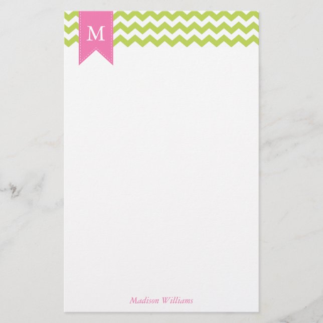 Kiwi Green Chevrons Muster und rosa Monogramm Briefpapier (Vorderseite)