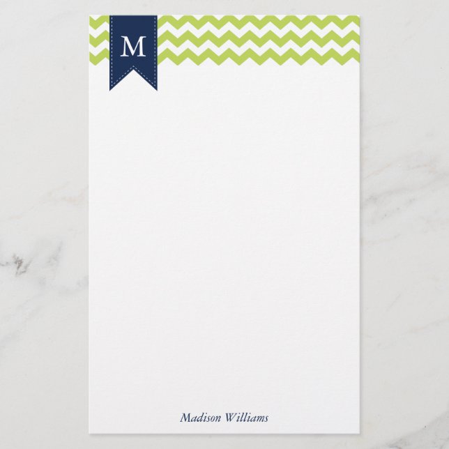 Kiwi Green Chevrons und Blue Monogram Briefpapier (Vorderseite)