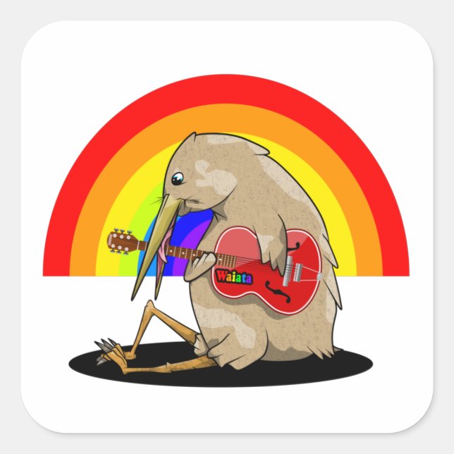 Kiwi spielt Gitarre Regenbogen Quadratischer Aufkleber (Vorderseite)