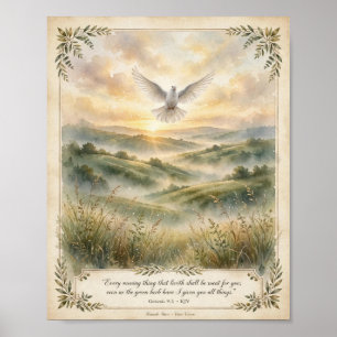 KJV Bibel-Genesis 9:3-Weiße Taube bei Sonnenaufgan Poster