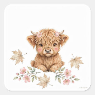 KJV Herbst Highland-Kuh mit rosa Blumen und Ahorn Quadratischer Aufkleber