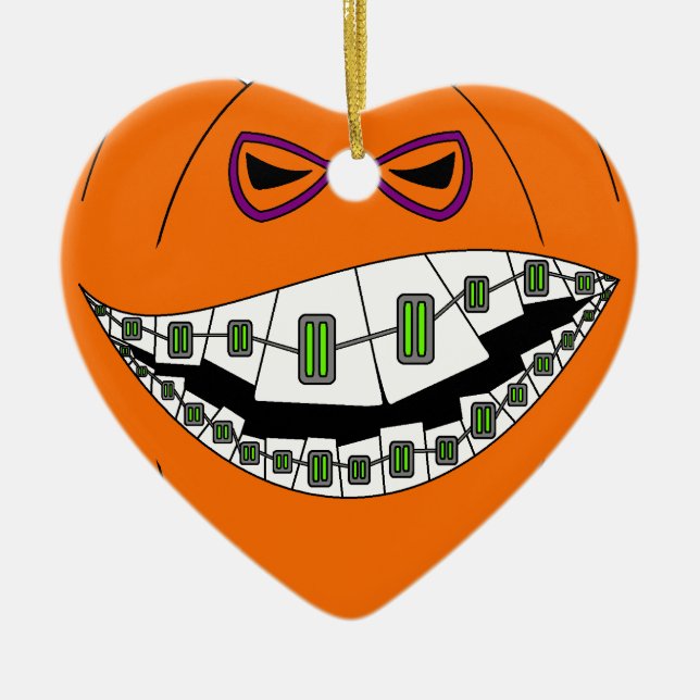 Klammer-Kürbis-Halloween-übles Grinsen Geeky Nerdy Keramikornament (Vorne)