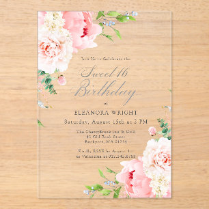 KLAR ACRYLIC Sweet 16 Rosa Pfingstrosen-Blumen Acryleinladungen