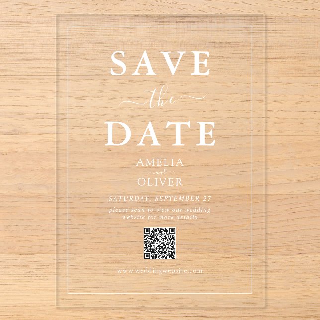 Klare Acryl-QR-Code-Moderne-Hochzeit-Speichern-Sie Acryleinladungen (Vorderseite)