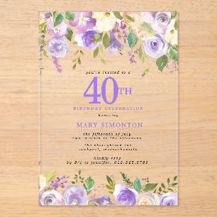 KLARE ACRYLISCHE LILA BLUMEN 40. GEBURTSTAGSPARTY ACRYLEINLADUNGEN
