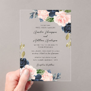 Klare Navy Rosa Rustikale Botanische Blumen Hochze Acryleinladungen