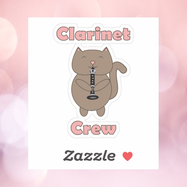 Klarinet Crew Cat Funny Aufkleber (A sticker of a cat playing the clarinet with the words clarinet crew in pink.)