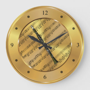 Klarinette ~ Blatt Musik ~ Gold Hintergrund ~ Einz Große Wanduhr