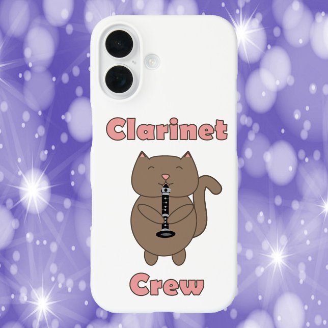 Klarinette Crew Brown Cat Pink Case-Mate iPhone Hülle (A phone case with a brown cat playing the clarinet and the words Clarinet Crew.)