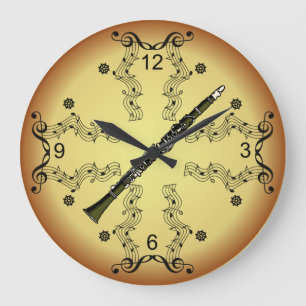 Klarinette ~ Musical Scroll ~ Goldener Hintergrund Große Wanduhr