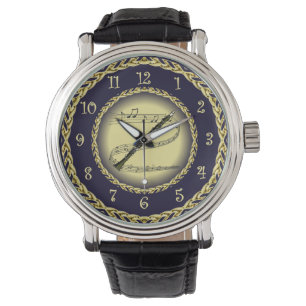 Klarinette ~ Musikalische Scroll ~ Gold/Navy Blue  Armbanduhr