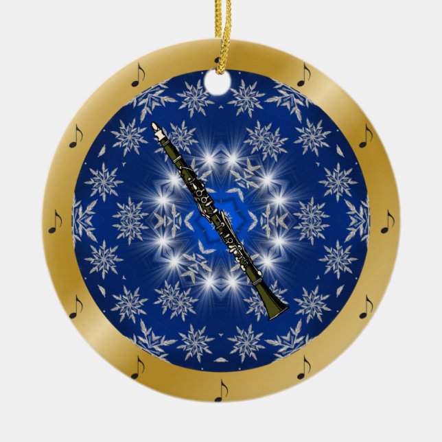 Klarinette ~ Silber ~ Blau ~ Gold ~ Weihnachten ~ Keramik Ornament (Vorne)