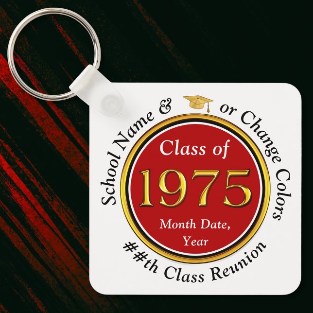 Klasse 1975 Wiedersehen. Klasse-Wiedersehen-Gastge Schlüsselanhänger (Class of 1975 Reunion. Red, White, Black and Gold, Class reunion keychains. Class of 1975 ideas.)