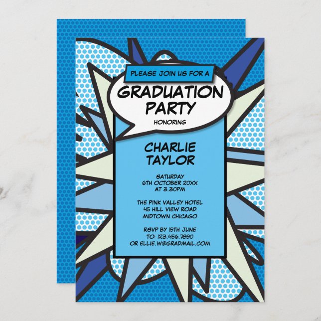 Klasse 2022 Graduation Party Comic Fun Blue Einladung (Vorne/Hinten)