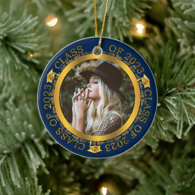 Klasse 2023 Abschluss Foto Dk Blue | Gold Keramik Ornament (Baum)