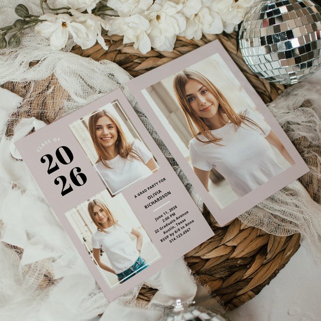 Klasse 2023 | Drei Foto Rosa Grad Party Einladung (Von Creator hochgeladen)