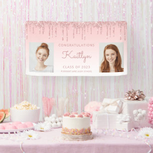 Klasse 2023 Rosa Glitzer Tropfen 2-Foto Abschluss Banner