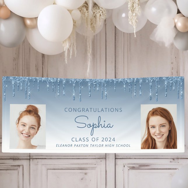 Klasse 2024 Blue Glitzer 2-Foto Abschluss Banner (Von Creator hochgeladen)