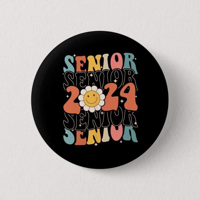 Klasse 2024 Retro Groovy Senioren Gra Button (Vorderseite)