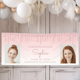 Klasse 2024 Rosa Glitzer 2-Foto Abschluss Banner