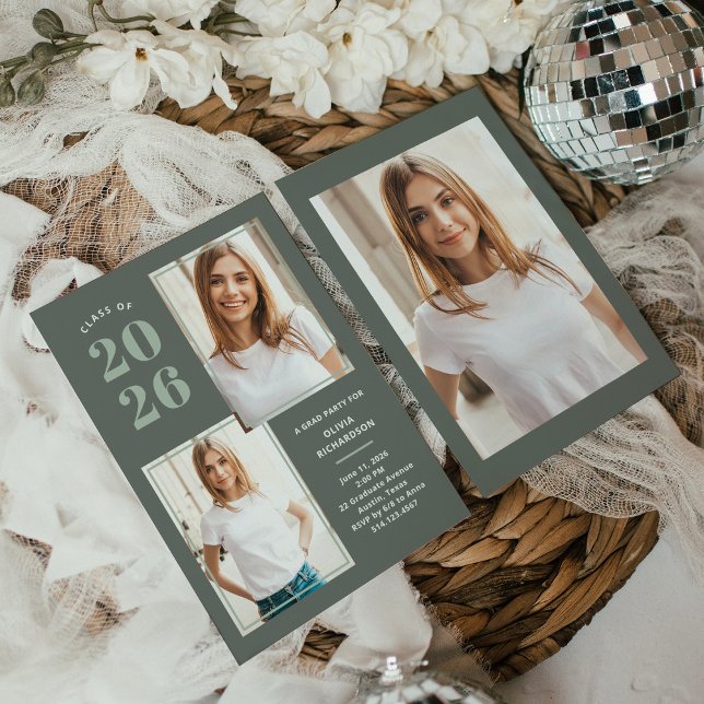 Klasse 2025 | Drei Foto Sage Green Grad Party Einladung (Von Creator hochgeladen)