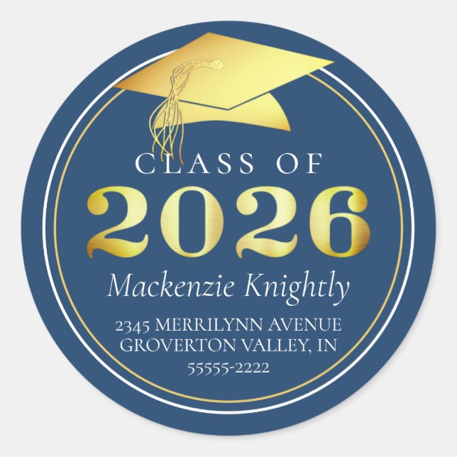 Klasse 2025 Elegant Blue Gold Rücksendeadresse Runder Aufkleber (Vorderseite)