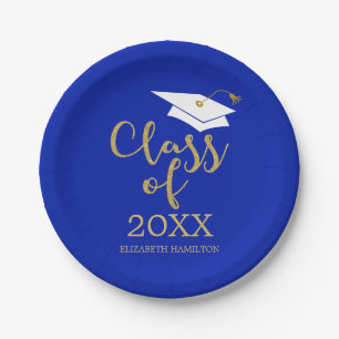 Klasse 2025 Gold Glitzer Calligraphy Royal Blue Pappteller