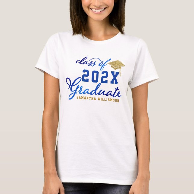 Klasse 2025 Graduate Blue Gold White Abschluss T-Shirt (Vorderseite)