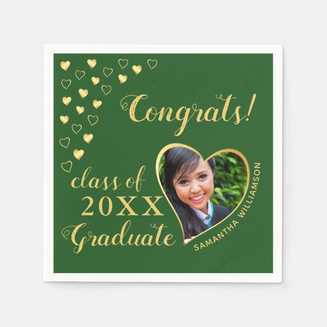 Klasse 2025 Graduate Foto Green & Gold Elegant Serviette (Vorderseite)