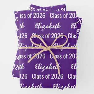 Klasse 2025 Graduate Name Royal Lila und weiß Geschenkpapier Set