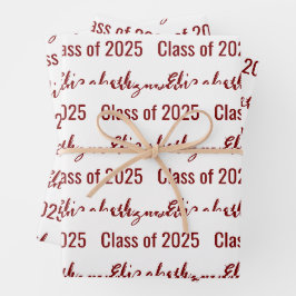 Klasse 2025 Graduate's Name White and Dark Red Geschenkpapier Set