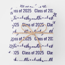 Klasse 2025 Graduate's Name White & Dark Blue Geschenkpapier Set