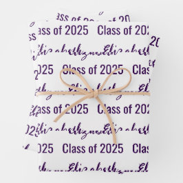 Klasse 2025 Graduate's Name White & Dark Lila Geschenkpapier Set