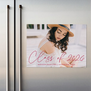 Klasse 2025 Magenta Script Foto Abschluss Magneteinladung