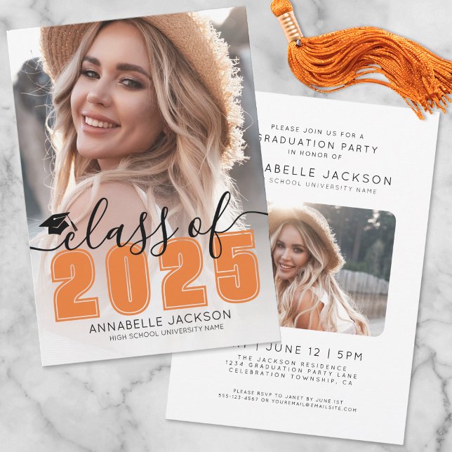 Klasse 2025 Orange Graduate Foto Abschluss Einladung (Class Of 2025 Orange Graduate Photo Graduation Invitation)