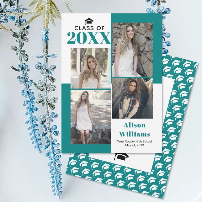 Klasse 2025: vier Fotos aquamariner blauer Abschlu Ankündigung (Von Creator hochgeladen)