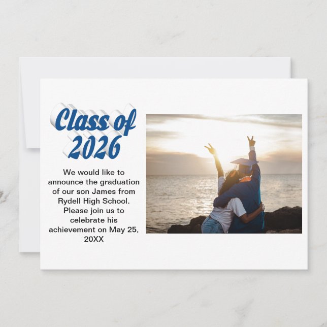 Klasse 2026 Abschlussfoto mit blauem Text Einladung (Vorderseite)
